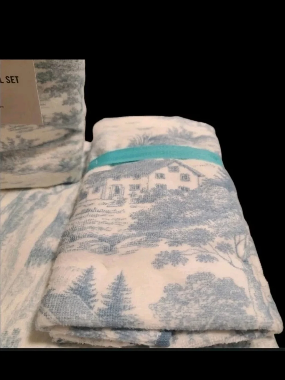 6pc Martha Stewart Blue Toile Velour Bath Hand Tip Towel Set 100% Cotton NEW